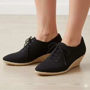 ATELIERS Black Leather Backed Canvas Pointy Toe Lace Up Espadrille Wedges Sz 8.5